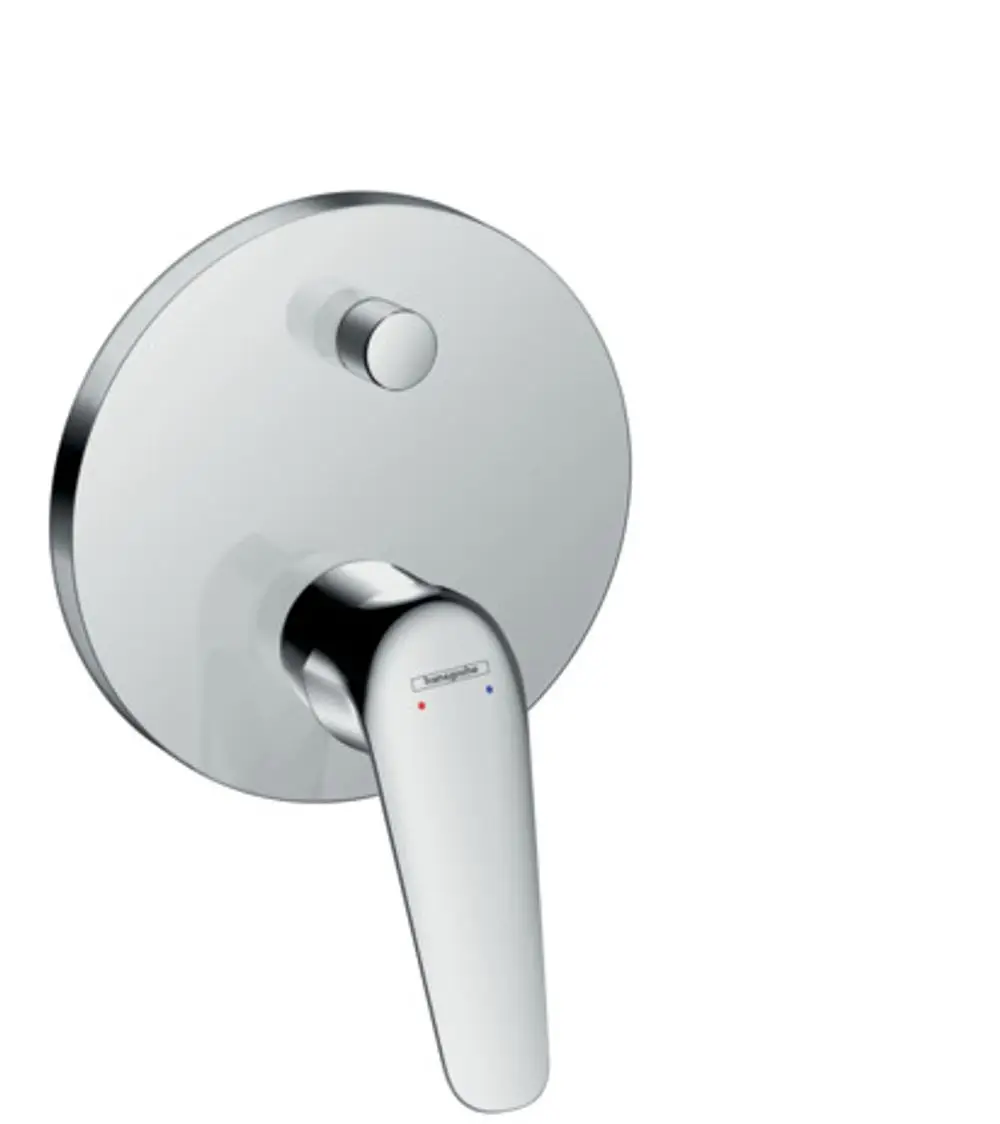 Hansgrohe Einhebelmischer mit runder Montageplatte und Hebel zum Regulieren von Wasserfluss und Temperatur, in Chromfinish.